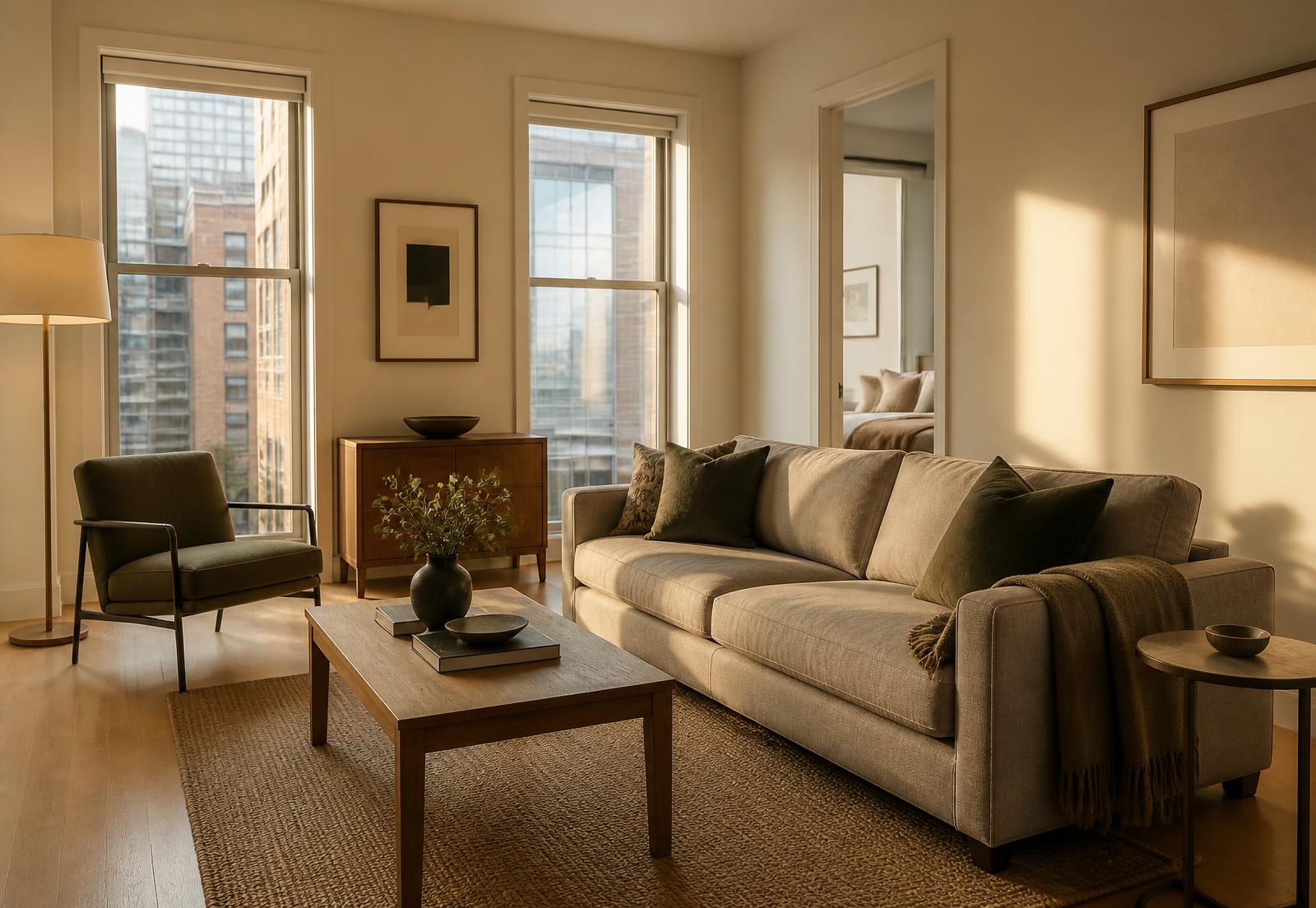 Warm, upscale furnished living space in a Frontline residence