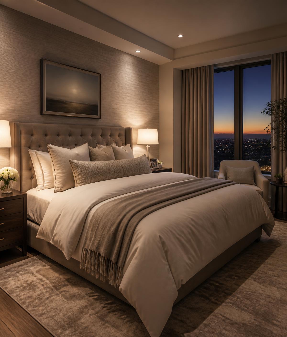 Calm, upscale furnished bedroom in a Frontline residence